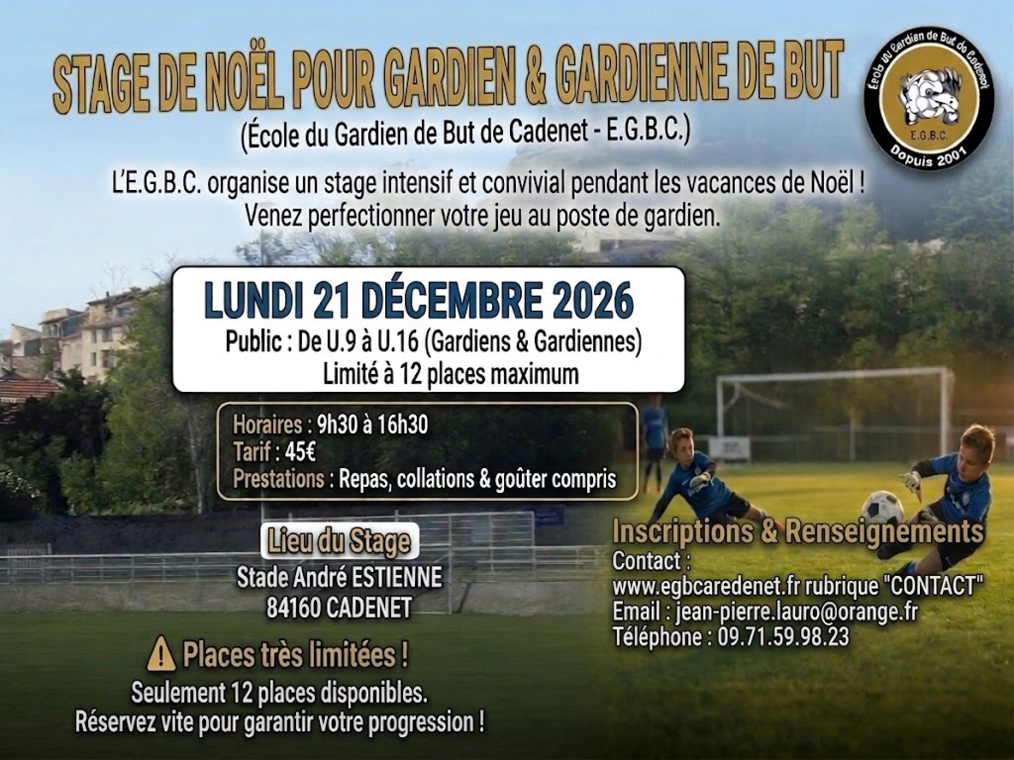 Stage de Noël gardien-gardienne de but - Lundi 21 décembre 2026 à Cadenet
